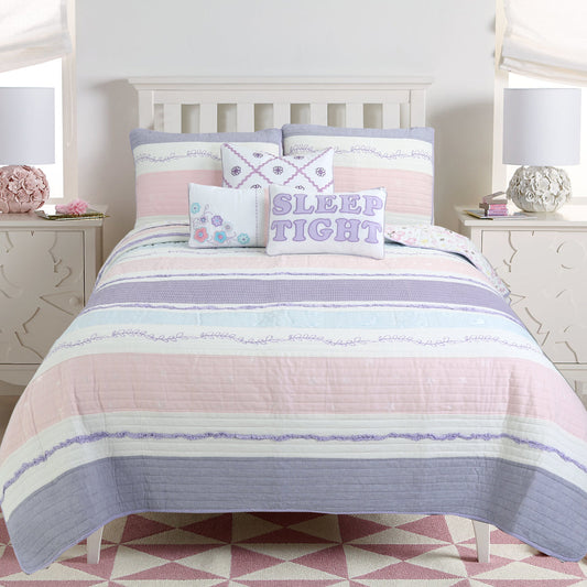 Lavender Pink Blue Chic Ruffle Girl Cotton Reversible Quilt Bedding Set