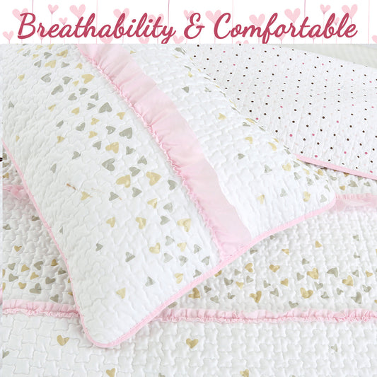 Sweet Heart Polka Dot Pink Ruffle Cotton Reversible Quilt Bedding Set