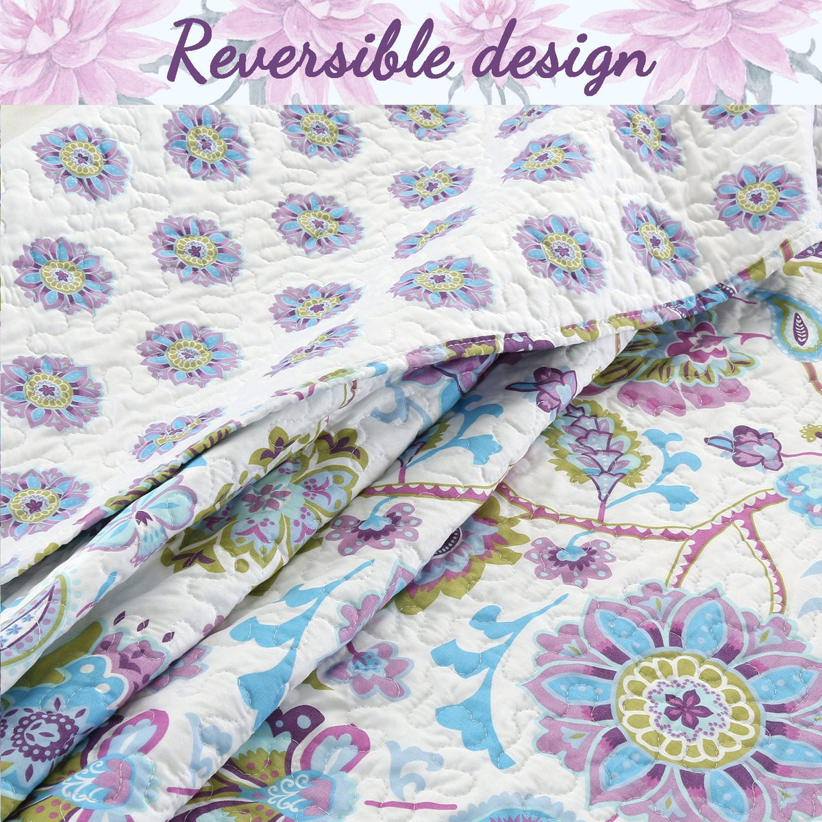 Purplish Floral 3-Piece Reversible Quilt Bedding Set