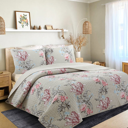 Modern Blooming Floral 3-Piece Reversible Quilt Bedding Set