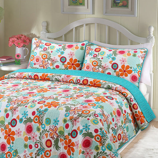 Floral Whimsy Colorful Reversible Quilt Bedding Set