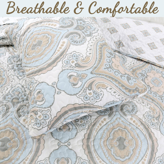 Modern Medallion Sky Blue Tan Gray Brocade 3-Piece Reversible Quilt Bedding Set