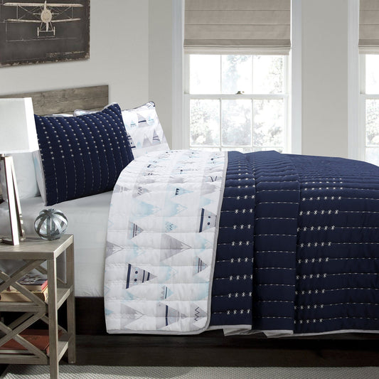 Summit Blues Snowy Alps Pike Winter Mountains Stripe Navy Blue Reversible Quilt Bedding Set