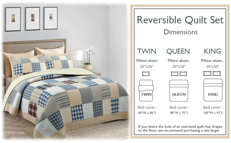 Tattersall Blue Tan Tartan Plaid Real Patchwork 3-Piece Reversible Quilt Bedding Set