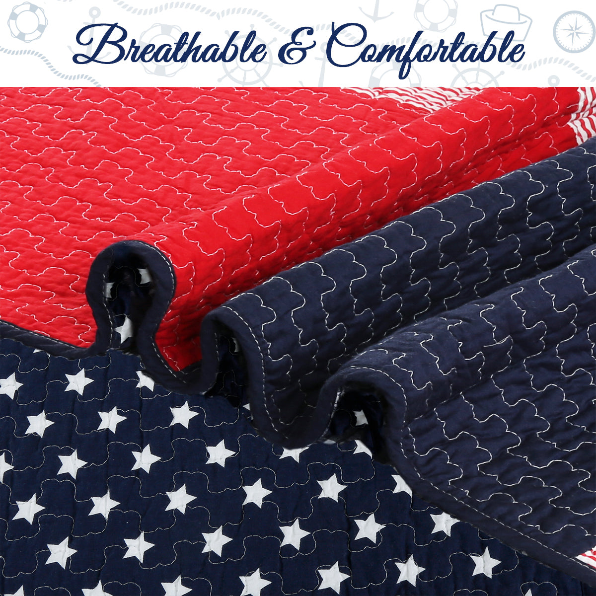 a close up of a red and blue quilt