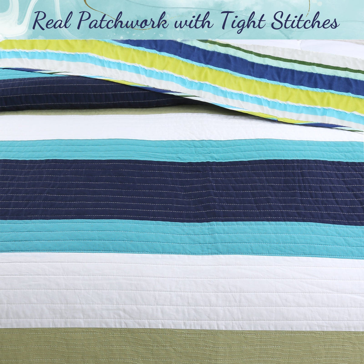 a bed with a striped bedding