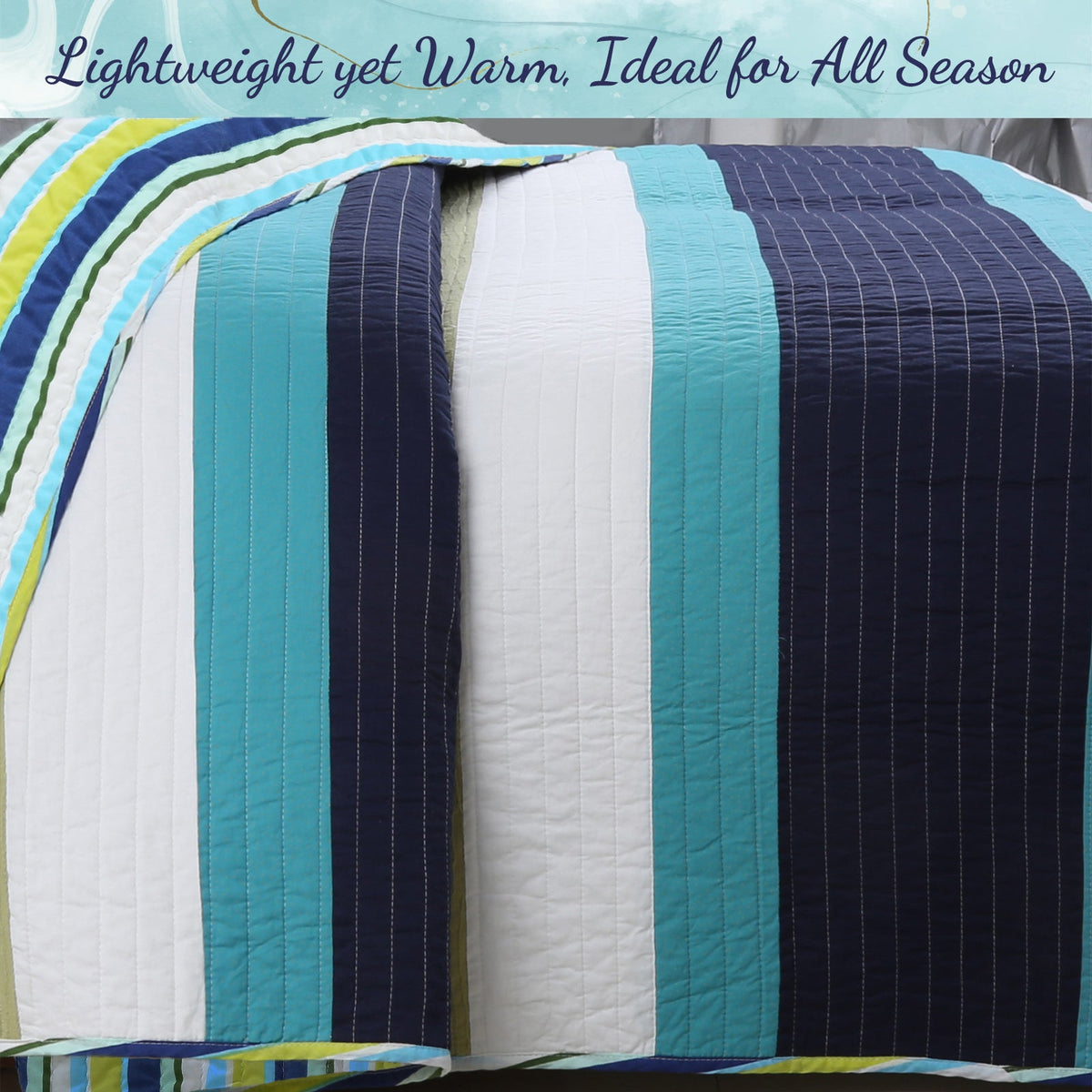 a blue and white striped bed spread