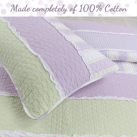 Lilac Purple Green Stripe Polka Dot Checker White Ruffle Real Patchwork Cotton Reversible Quilt Bedding Set