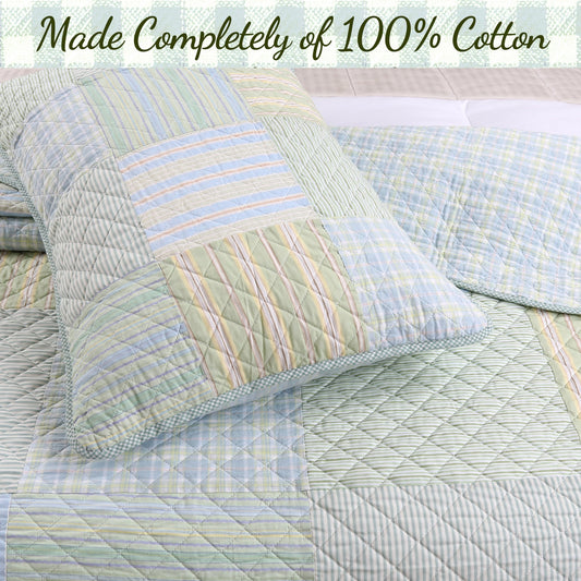 Square Real Patchwork Plaid Stripes Blue Green Scalloped 3-Piece Cotton Reversible Quilt Bedding Set