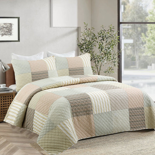 Earth Tone Brown Tan Beige Stripe Checker Real Patchwork 3-Piece Cotton Reversible Quilt Bedding Set