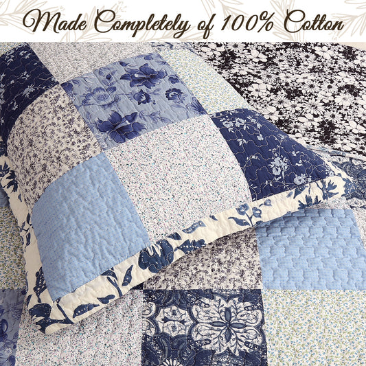 Azure Blue Floral Garden Patchwork 3 Piece Cotton Reversible Quilt Bedding Set