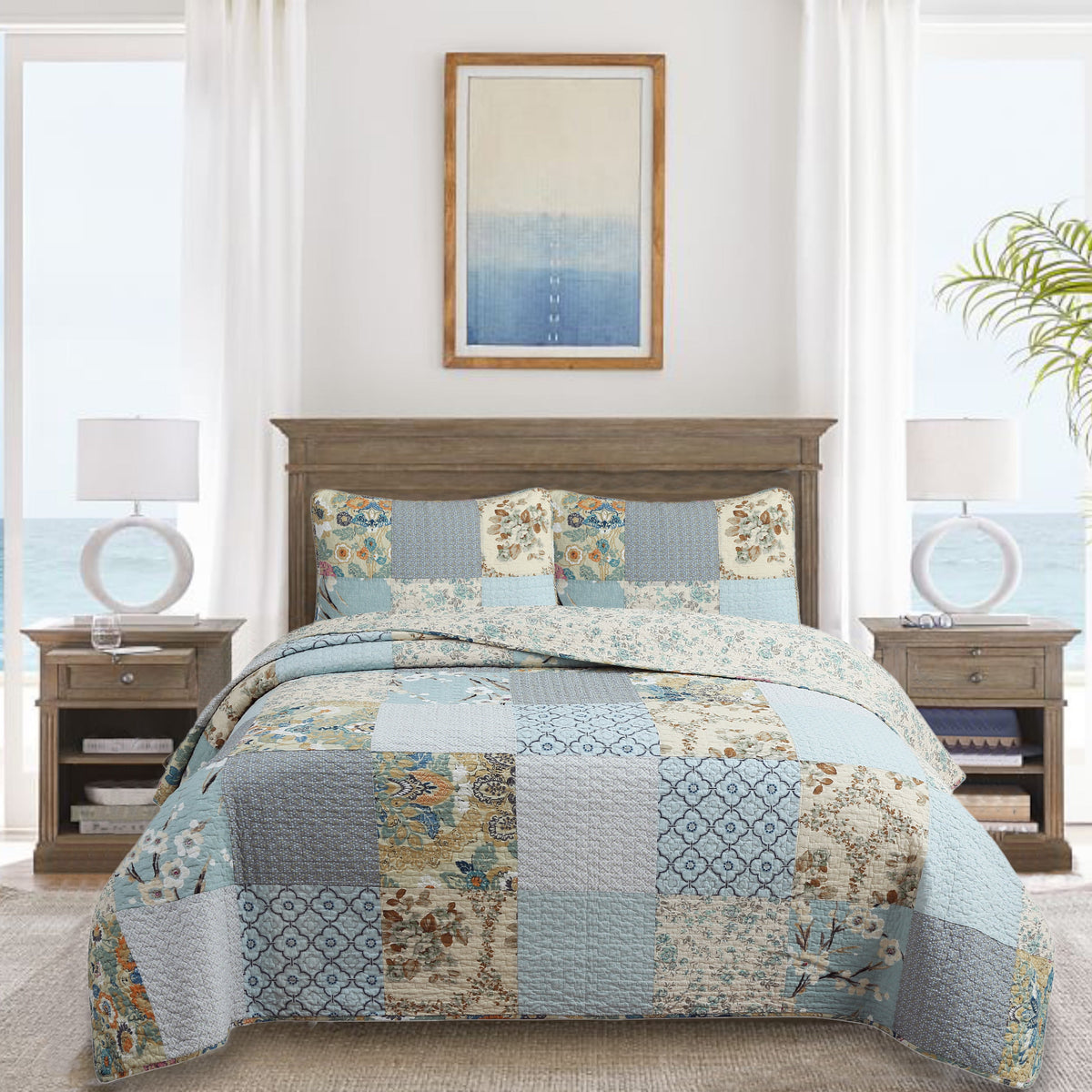 a bed with a quilt and two nightstands
