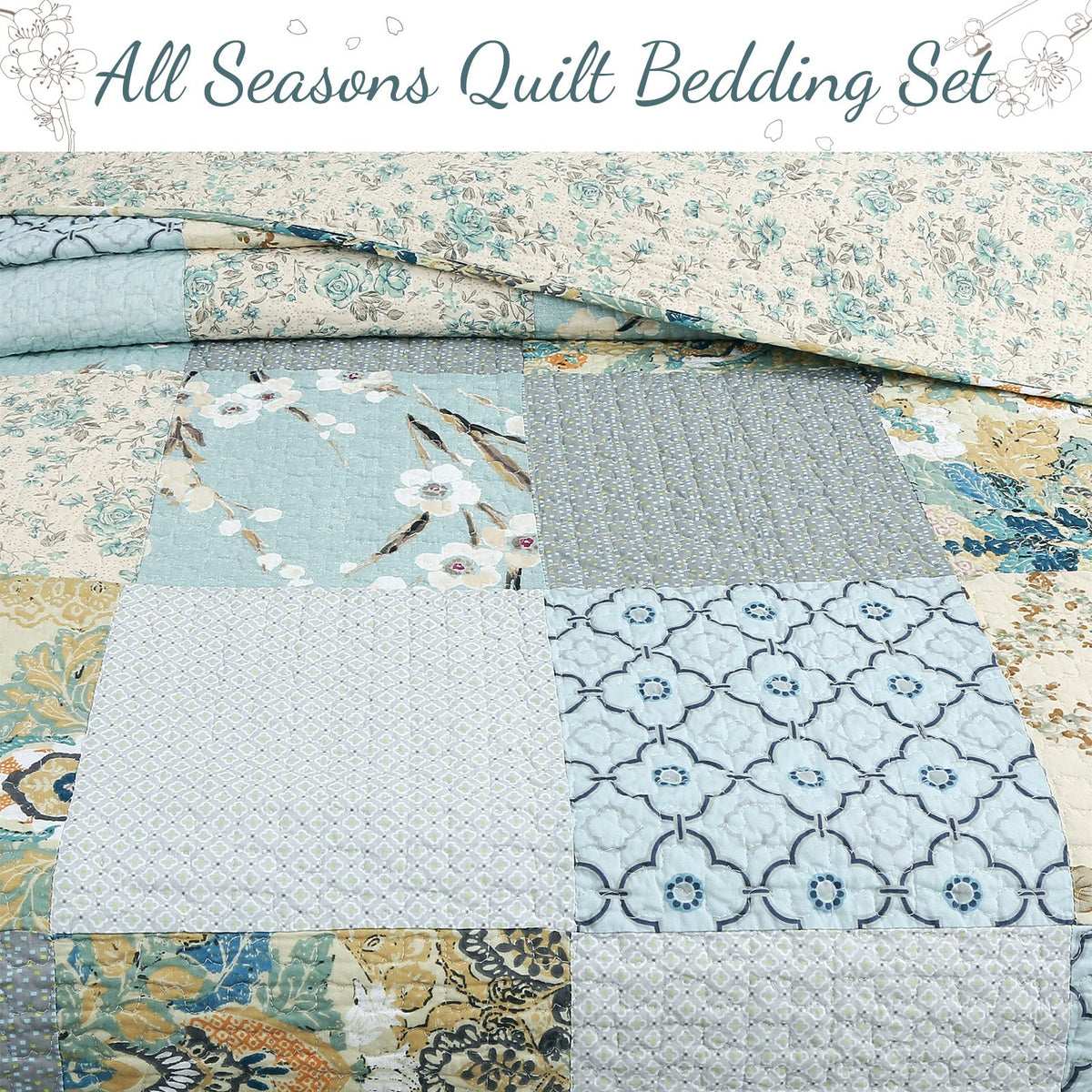 a quilted bedding set with floral patterns