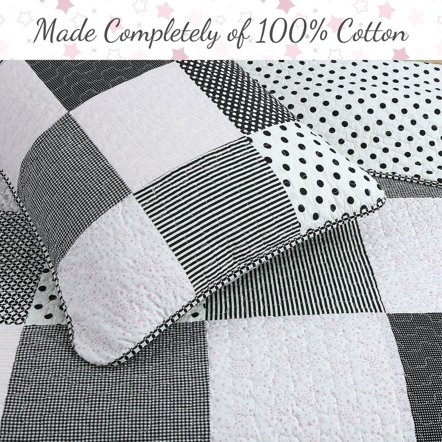 Halftone Black White Subtle Pink Polka Dot Patchwork Cotton Quilt Bedding Set