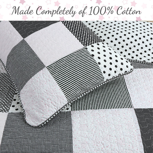 Halftone Black White Subtle Pink Polka Dot Patchwork Cotton Quilt Bedding Set