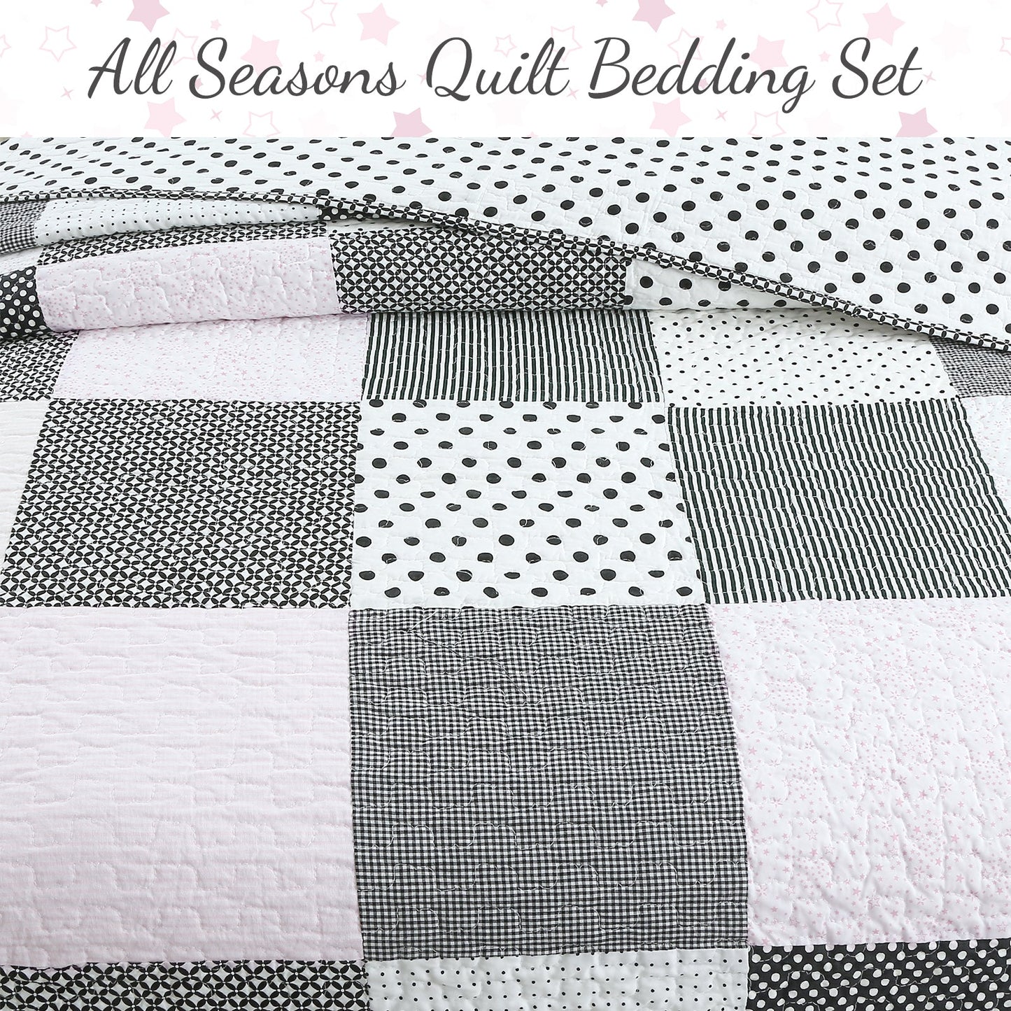Halftone Black White Subtle Pink Polka Dot Patchwork Cotton Quilt Bedding Set