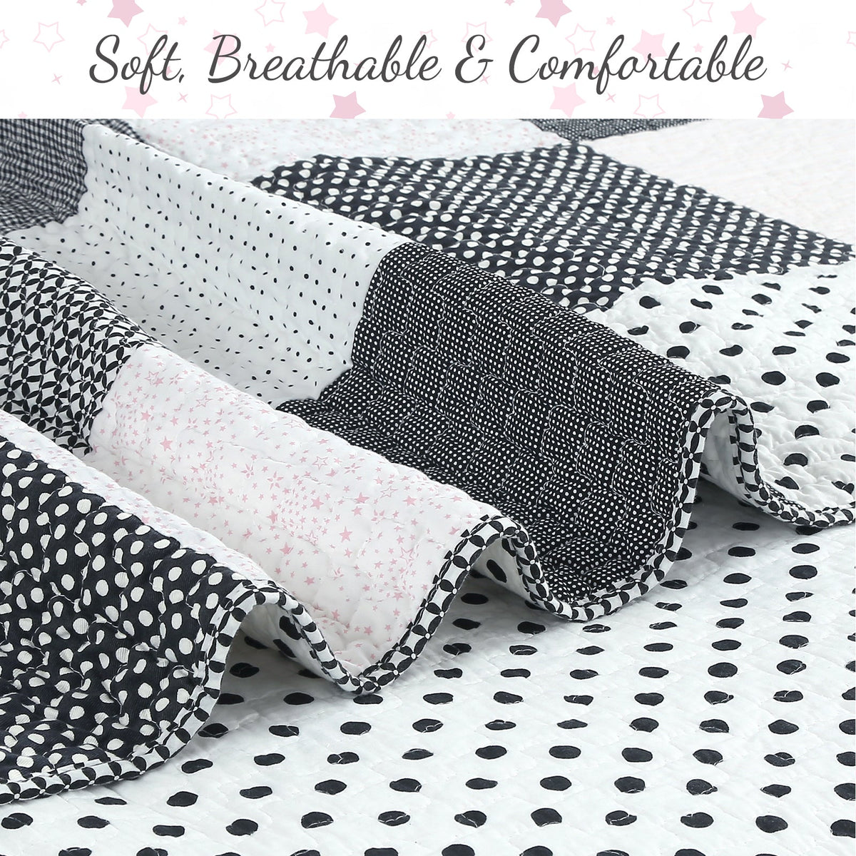 Halftone Black White Subtle Pink Polka Dot Patchwork Cotton Quilt Bedding Set