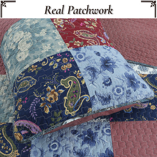 Country Cozy Blue Rose Floral Paisley Garden Cotton 3 Piece Patchwork Quilt Bedding Set