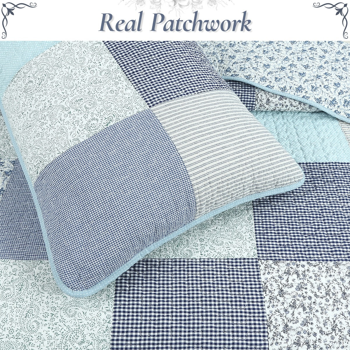 Subtle Cozy Blue Checker Cottage Floral  Stripe Cotton 3 Piece Patchwork Quilt Bedding Set
