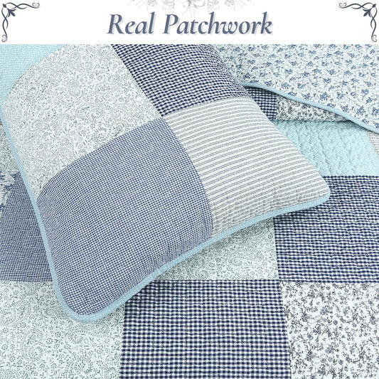 Subtle Cozy Blue Checker Cottage Floral  Stripe Cotton 3 Piece Patchwork Quilt Bedding Set