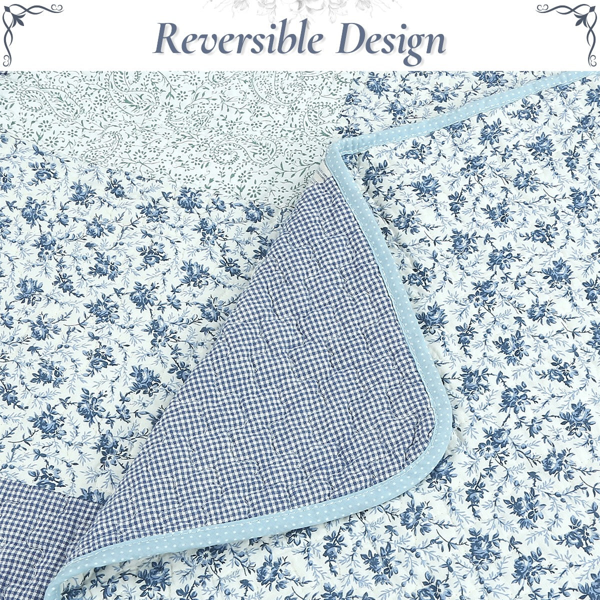 Subtle Cozy Blue Checker Cottage Floral  Stripe Cotton 3 Piece Patchwork Quilt Bedding Set