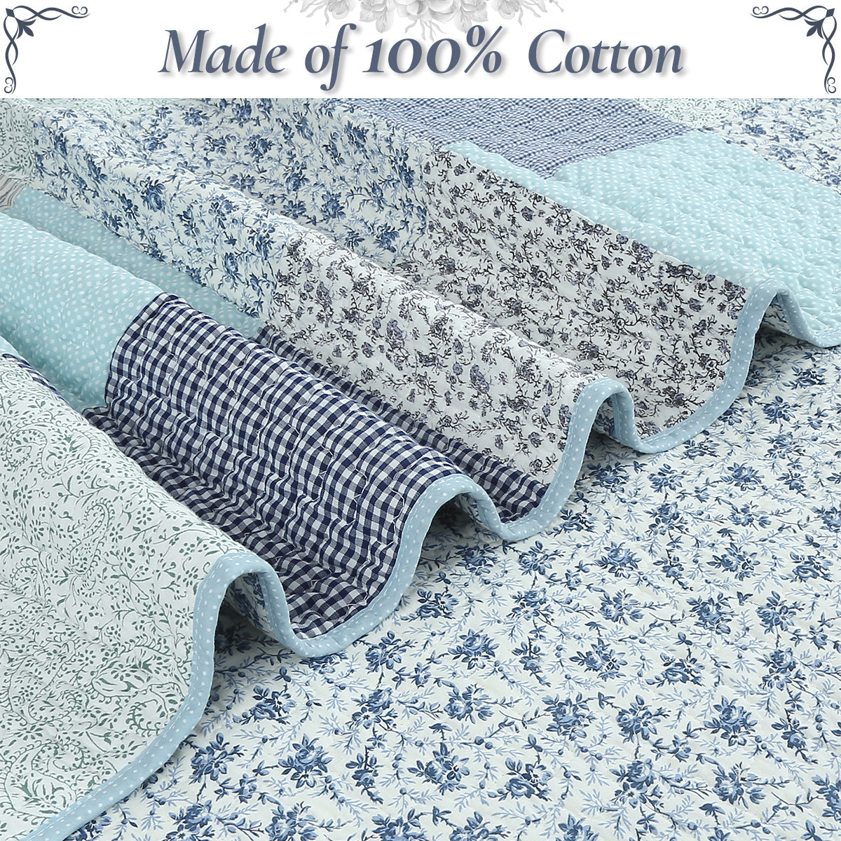 Subtle Cozy Blue Checker Cottage Floral  Stripe Cotton 3 Piece Patchwork Quilt Bedding Set