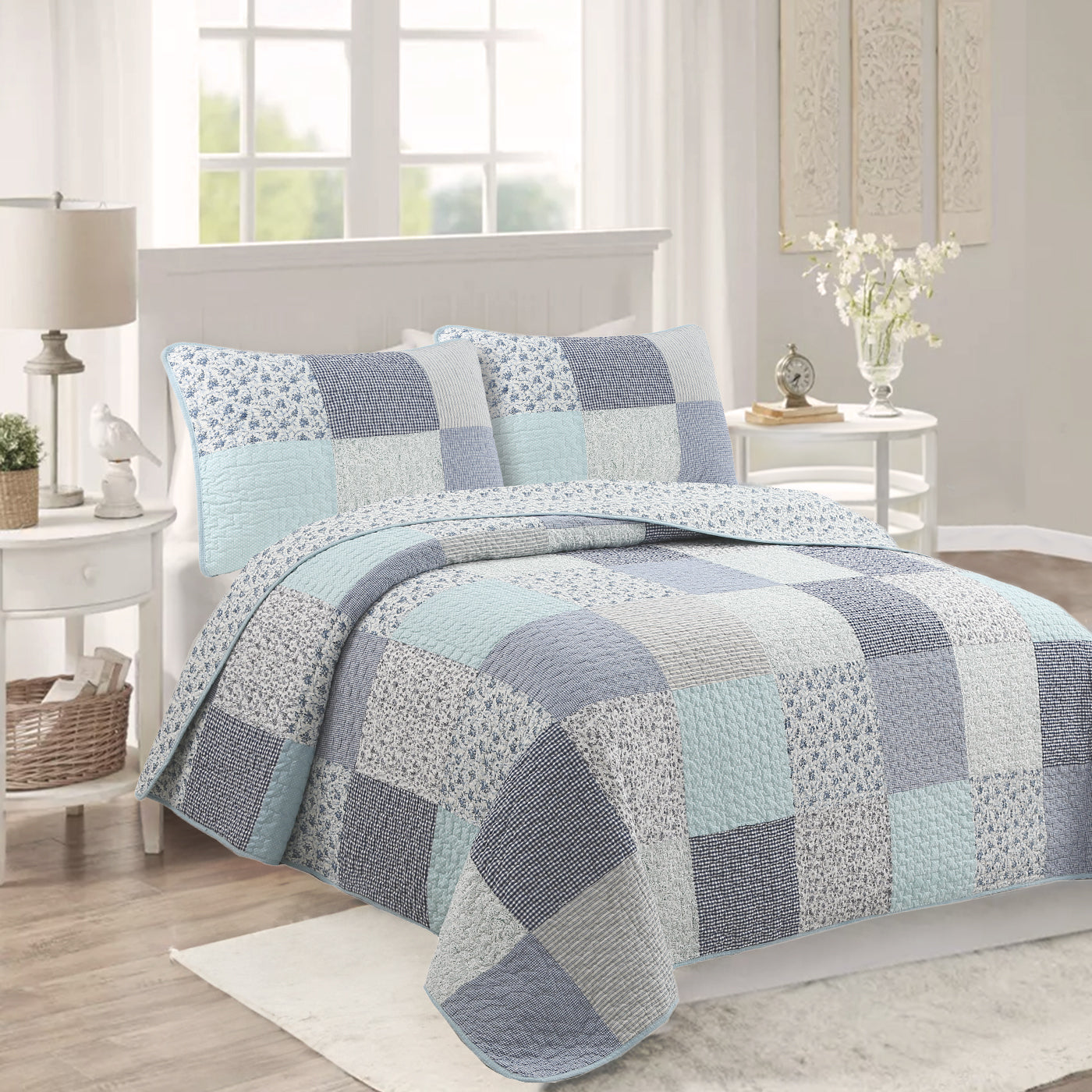 Subtle Cozy Blue Checker Cottage Floral  Stripe Cotton 3 Piece Patchwork Quilt Bedding Set