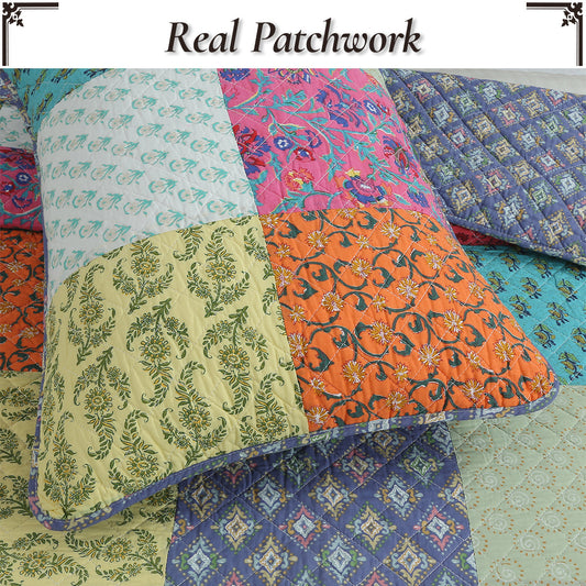 Bold Bright Multi Color Boho Floral Patchwork 3 Piece Cotton  Quilt Bedding Set