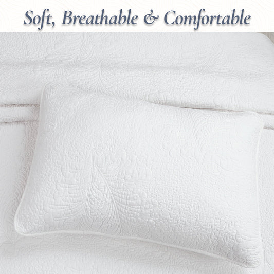 Classic Modern Palm Leaf Stitch Solid White 100% Cotton 3 Piece Quilt Bedding Set