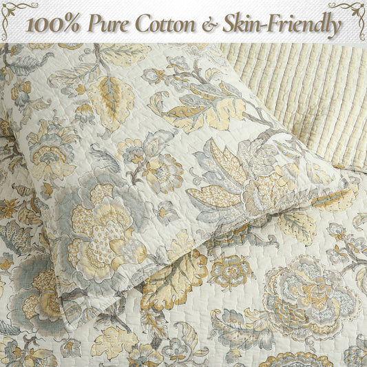 Autumn Floral Foliage Brown Beige Gold Cotton 3 Piece Quilt Bedding Set