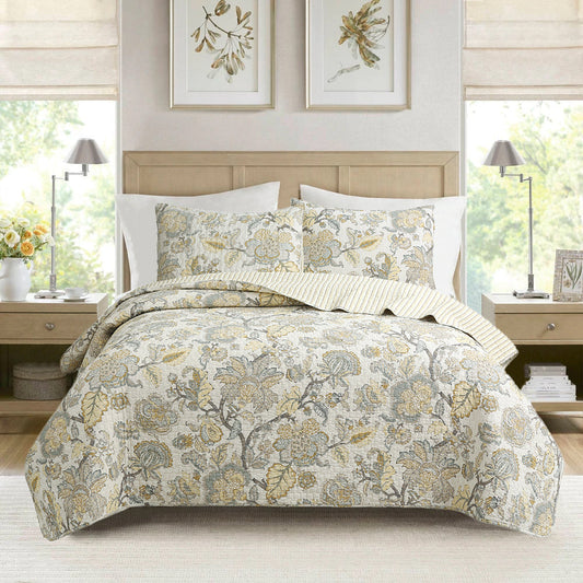 Autumn Floral Foliage Brown Beige Gold Cotton 3 Piece Quilt Bedding Set