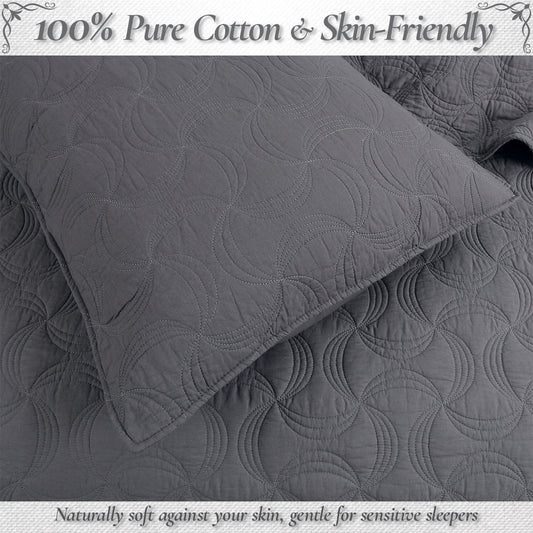 Solid Gray Spiral Swirl Pinwheel 3 Piece Cotton Quilt Bedding Set