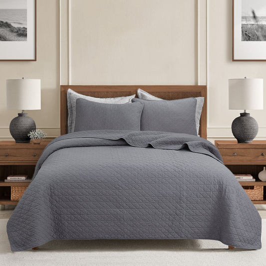 Square Checkered Crisp Clean Solid Chic Gray 3 Piece Cotton Reversible Quilt Bedding Set