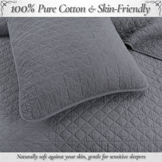 Square Checkered Crisp Clean Solid Chic Gray 3 Piece Cotton Reversible Quilt Bedding Set