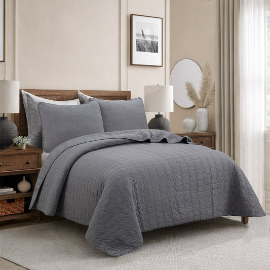 Diamond Honeycomb Solid Chic Gray 3 Piece Cotton Reversible Quilt Bedding Set