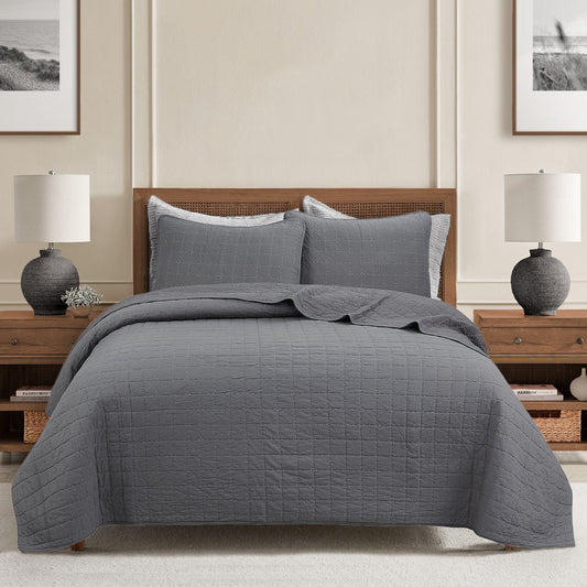 Solid Chic Gray Square Gingham Checkered 3 Piece Cotton Reversible Quilt Bedding Set