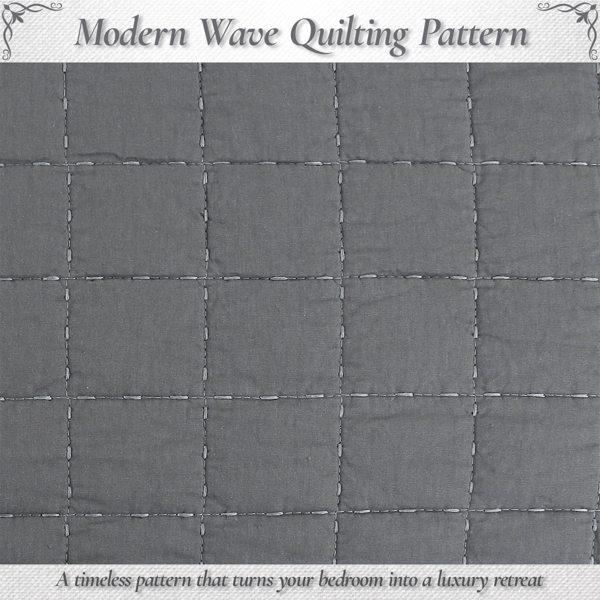 a grey quilt with white stitching