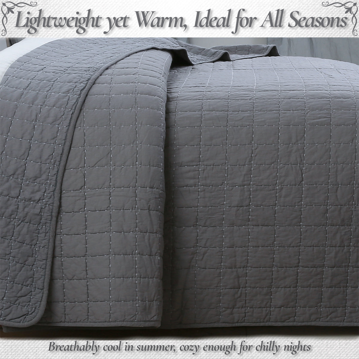 a grey quilted bed spread