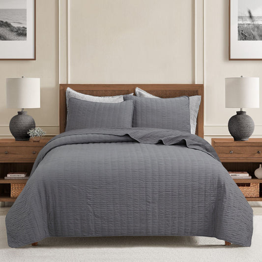 Stripe Staple Channel Lines Classic Solid Chic Gray 3 Piece Cotton Quilt Bedding Set