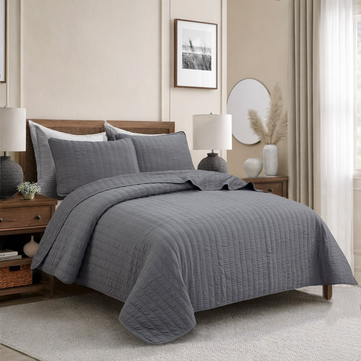 a bed with a wood headboard and a lamp