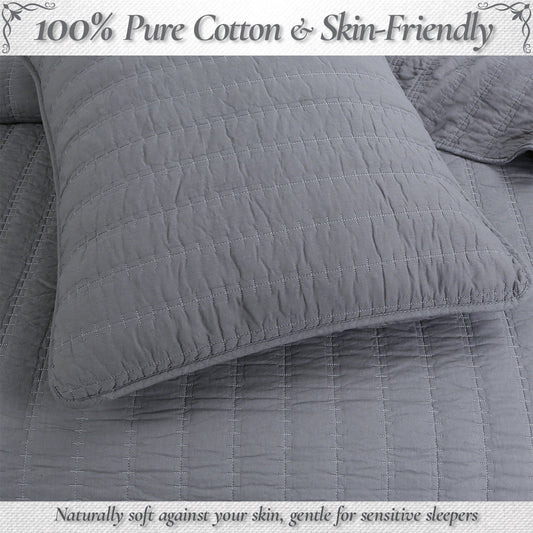 Stripe Staple Channel Lines Classic Solid Chic Gray 3 Piece Cotton Quilt Bedding Set