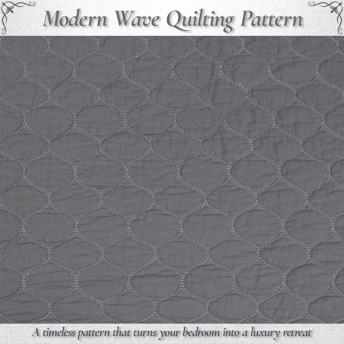 a grey quilt with white text