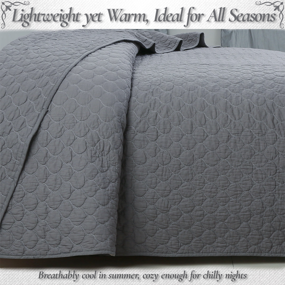 a grey quilted bed spread