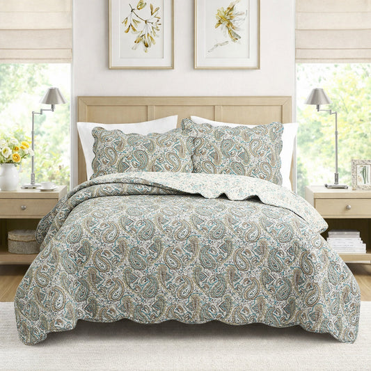 Aquamarine Turquoise Tan Brown Paisley 3 Piece Cotton Quilt Bedding Set