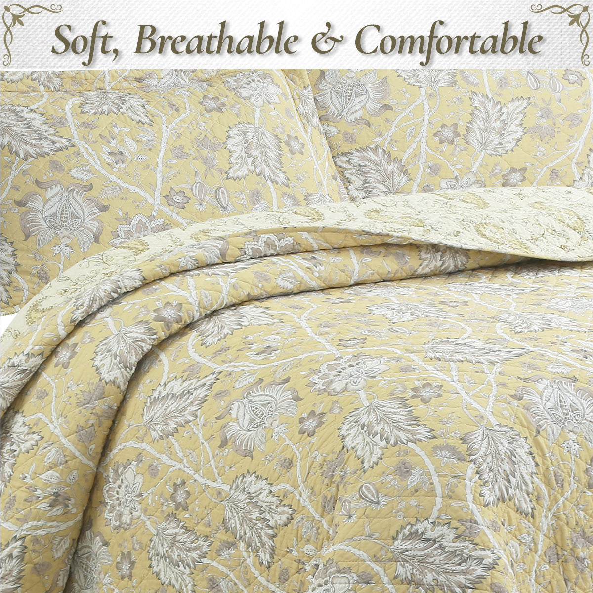 a bed with a yellow and white floral pattern