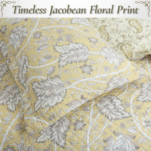 Flaxen Yellow Tan Brown Floral 3 Piece Cotton Quilt Bedding Set