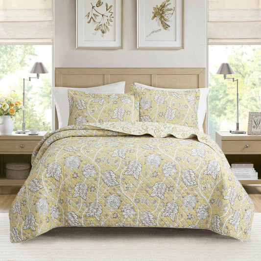 Flaxen Yellow Tan Brown Floral 3 Piece Cotton Quilt Bedding Set