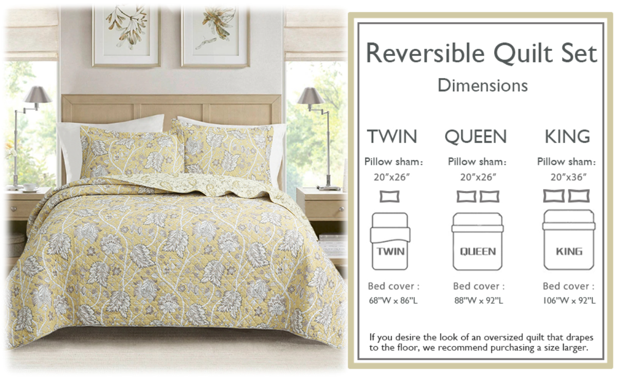 a bed with a yellow and white bedding