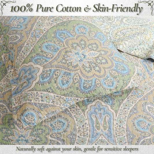 Tweedia Blue Green Floral Paisley Damask 3 Piece Cotton Quilt Bedding Set
