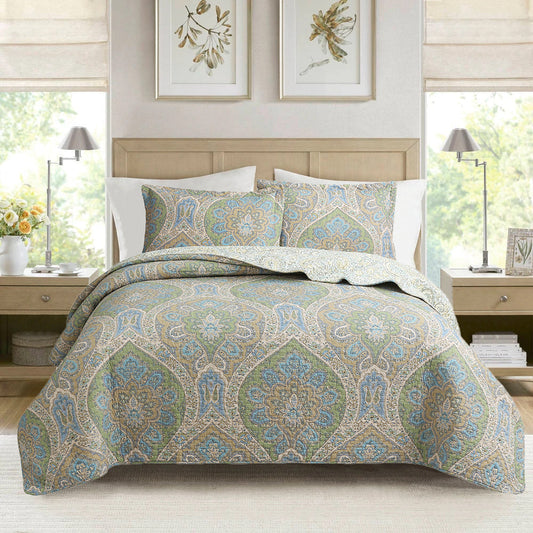 Tweedia Blue Green Floral Paisley Damask 3 Piece Cotton Quilt Bedding Set